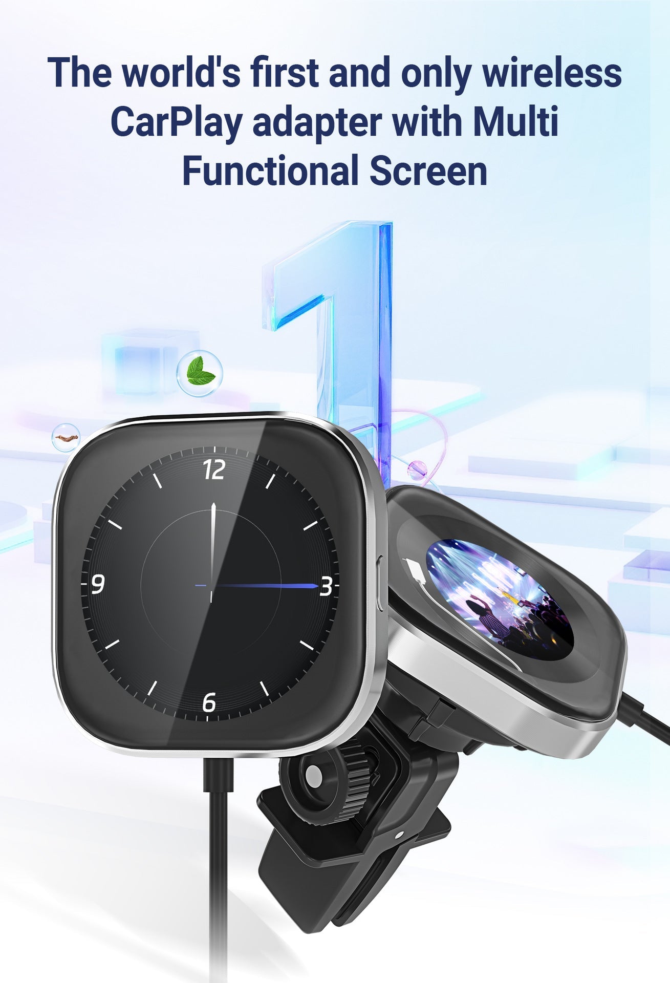 Wireless CarPlay Adapter with 1.6" Multi-Functional Screen, Car Diffuser & 360 Vent Clip(silver) Tristar Online