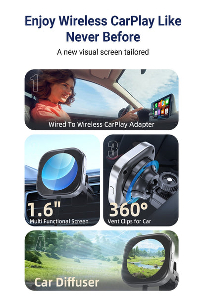 Wireless CarPlay Adapter with 1.6" Multi-Functional Screen, Car Diffuser & 360 Vent Clip(silver) Tristar Online