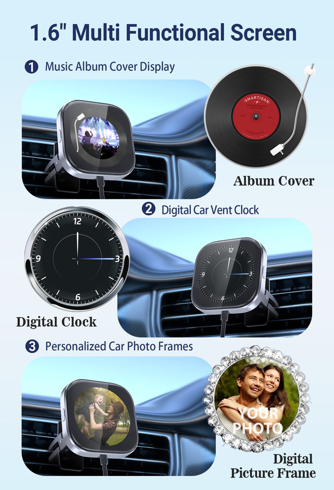 Wireless CarPlay Adapter with 1.6" Multi-Functional Screen, Car Diffuser & 360 Vent Clip(silver) Tristar Online