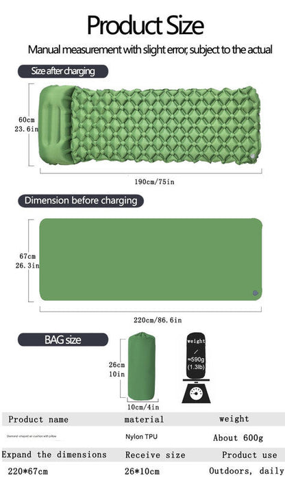 2pc Ultralight Inflatable Camping Sleeping Mat with Integrated Pillow - Waterproof 40D Nylon TPU(Grey) Tristar Online