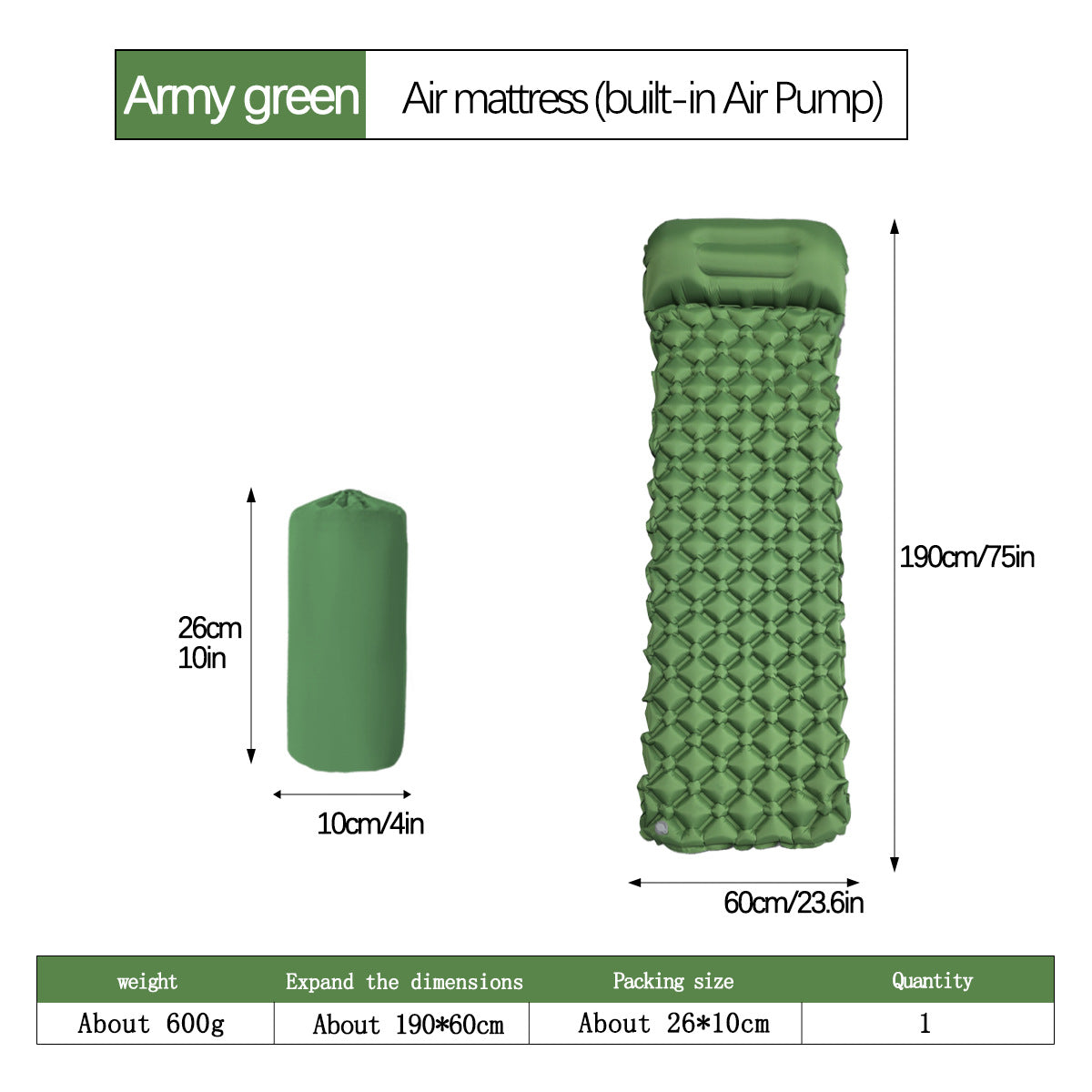 2pc Ultralight Inflatable Camping Sleeping Mat with Integrated Pillow - Waterproof 40D Nylon TPU(Army Green) Tristar Online