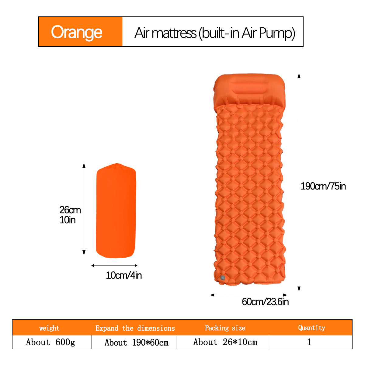 2pc Ultralight Inflatable Camping Sleeping Mat with Integrated Pillow - Waterproof 40D Nylon TPU(Orange) Tristar Online