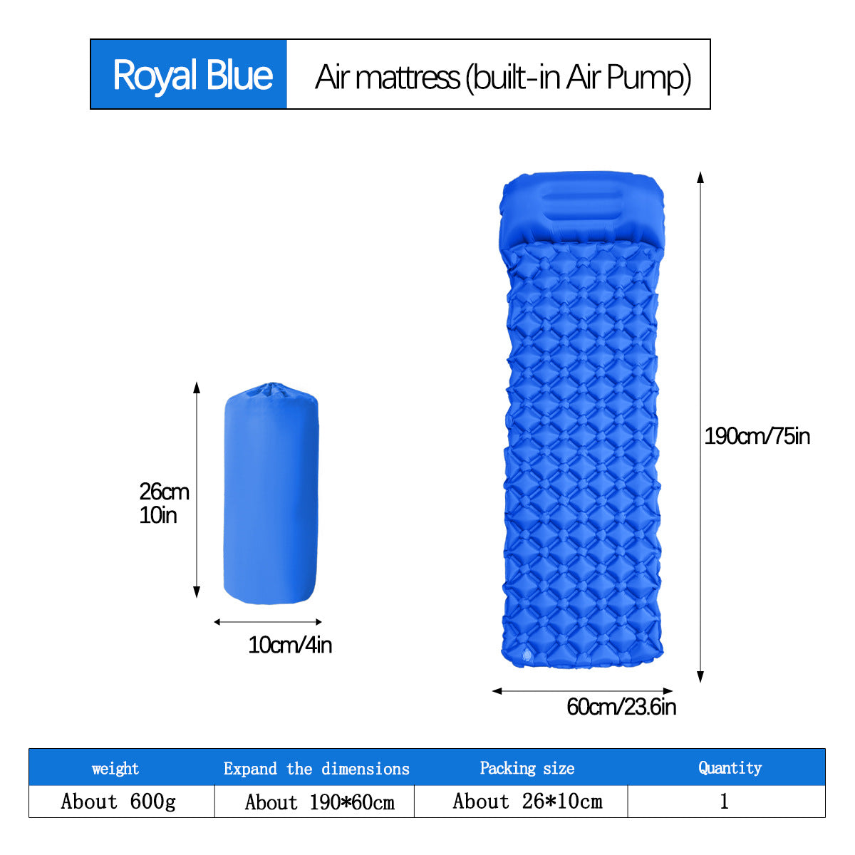 2pc Ultralight Inflatable Camping Sleeping Mat with Integrated Pillow - Waterproof 40D Nylon TPU(Royal Blue) Tristar Online