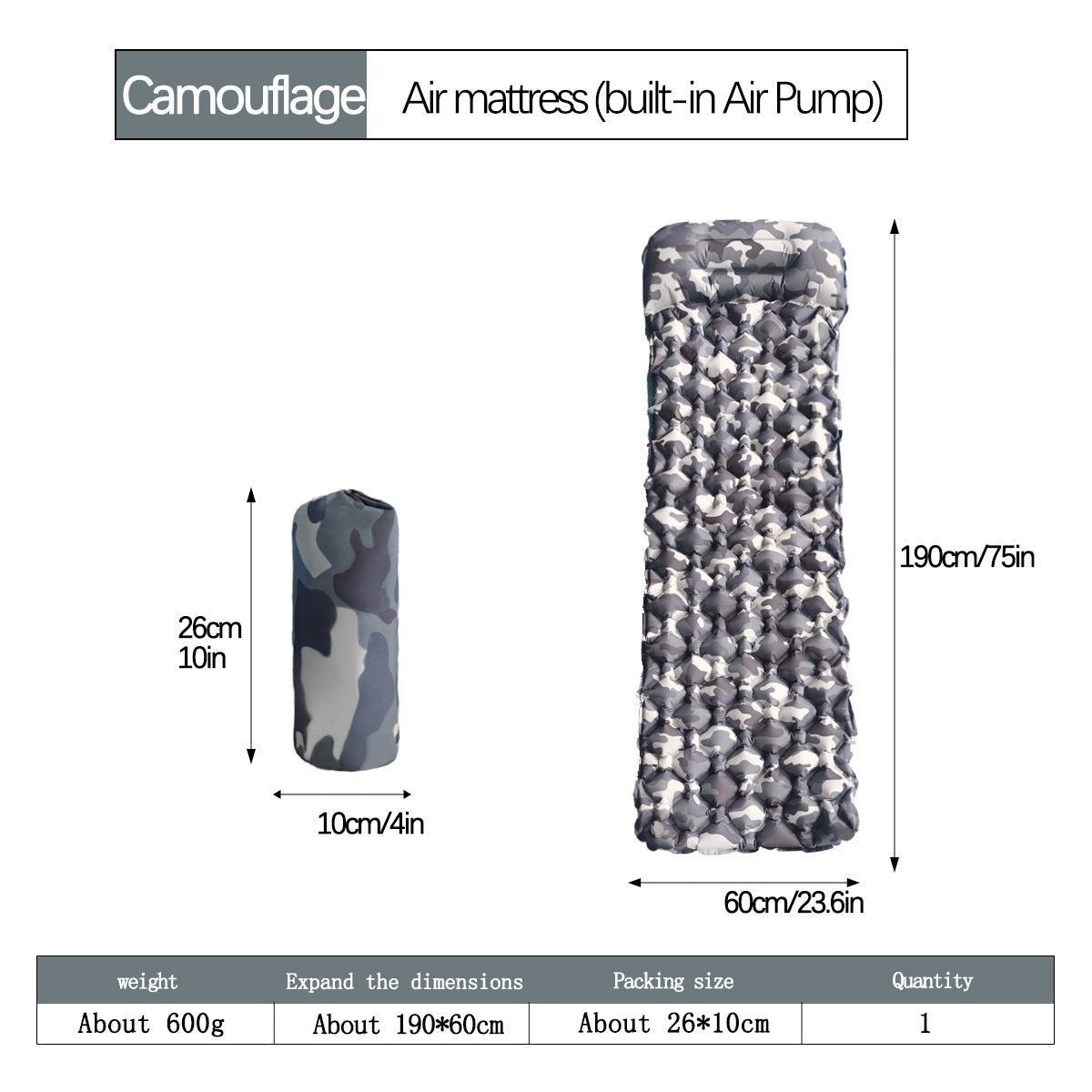 2pc Ultralight Inflatable Camping Sleeping Mat with Integrated Pillow - Waterproof 40D Nylon TPU(Camouflage) Tristar Online