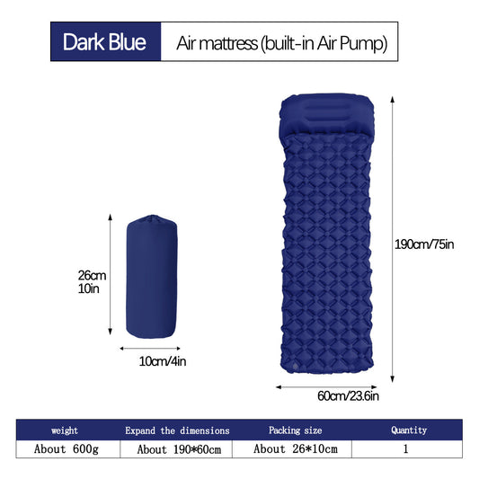 2pc Ultralight Inflatable Camping Sleeping Mat with Integrated Pillow - Waterproof 40D Nylon TPU(Dark Blue) Tristar Online