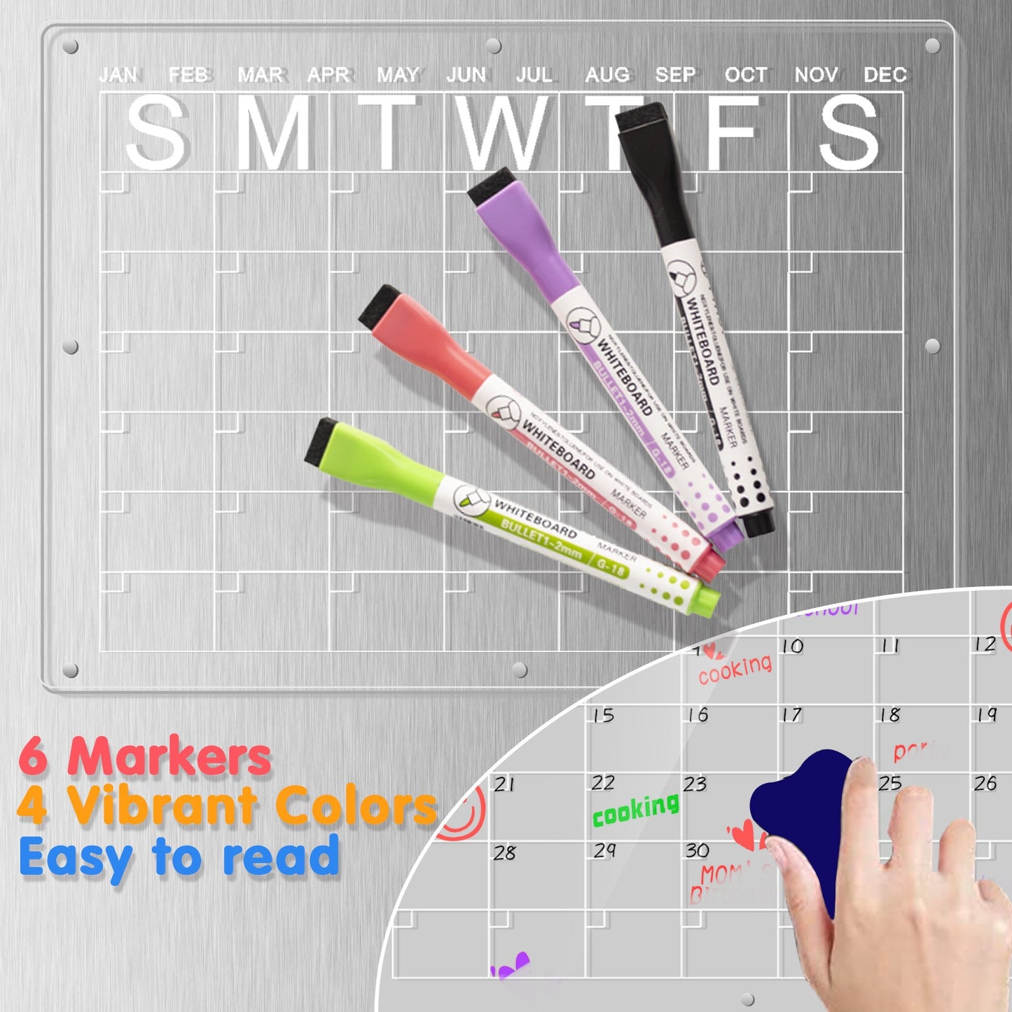 Magnetic Acrylic Fridge Calendar & Memo Board Set - Dry Erase Planner with Markers & Eraser(43*30cm 3mm) Tristar Online