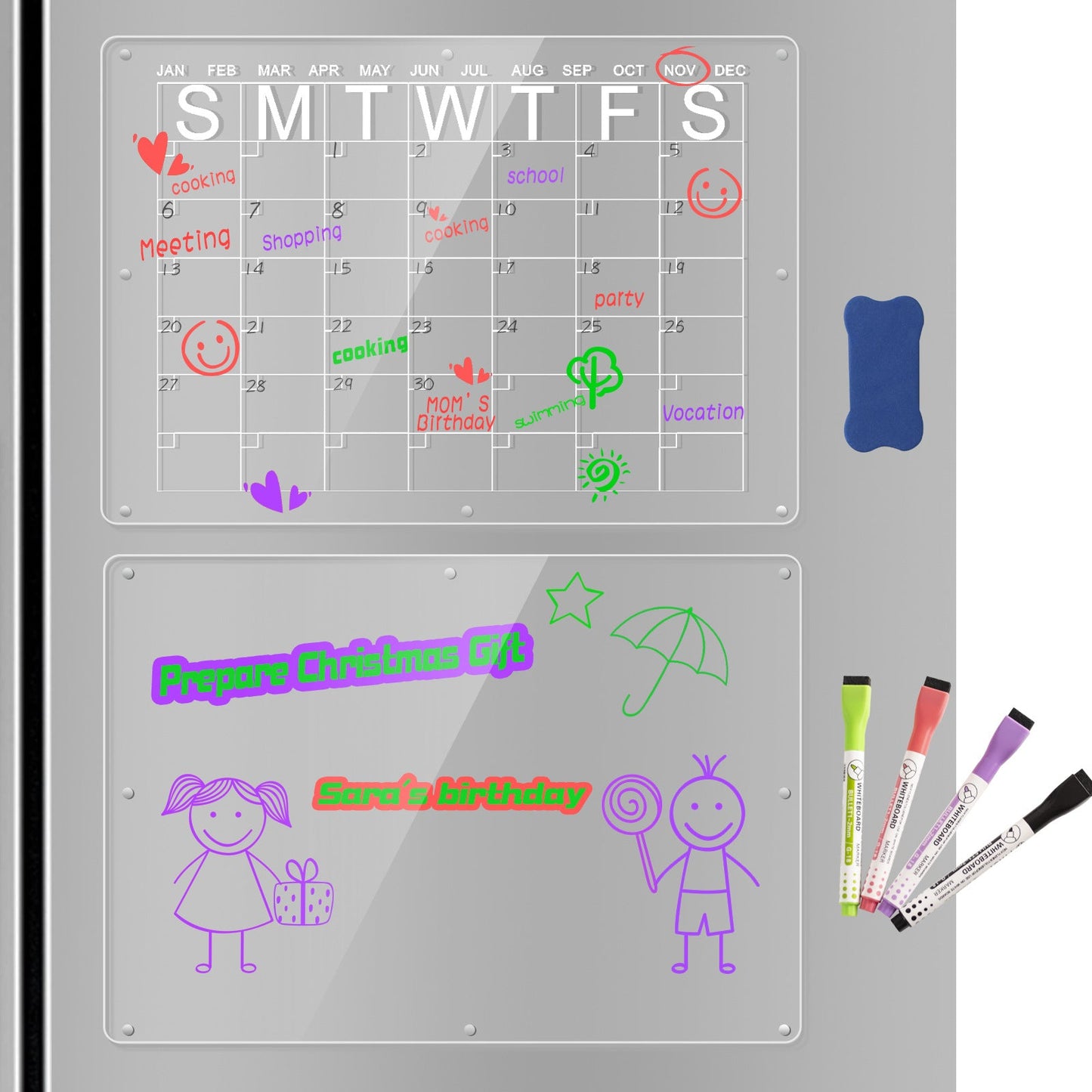 Magnetic Acrylic Fridge Calendar & Memo Board Set - Dry Erase Planner with Markers & Eraser(43*30cm 3mm) Tristar Online