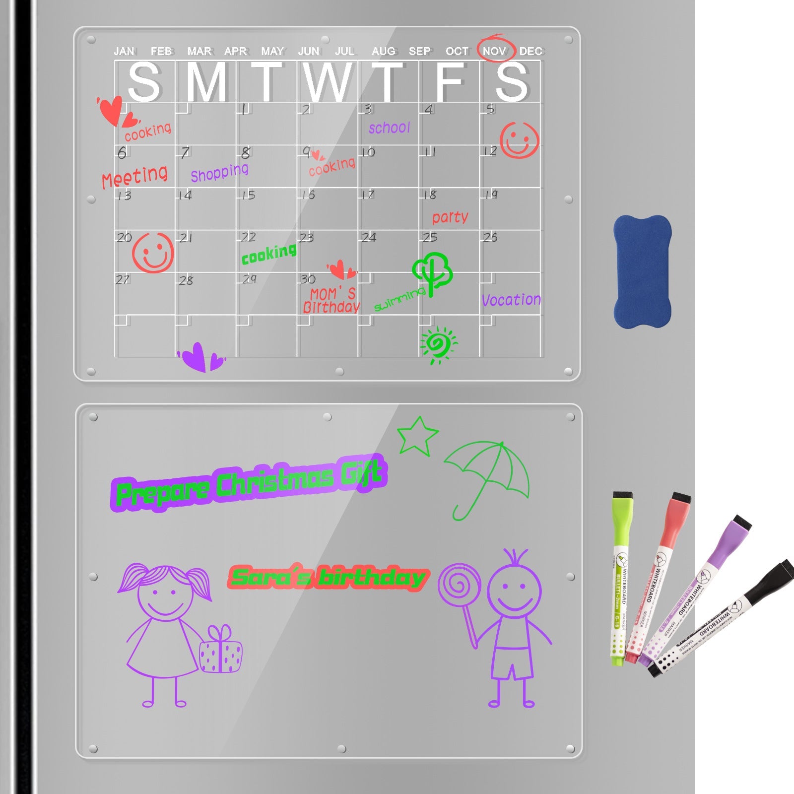 Magnetic Acrylic Fridge Calendar & Memo Board Set - Dry Erase Planner with Markers & Eraser(43*30cm 3mm) Tristar Online