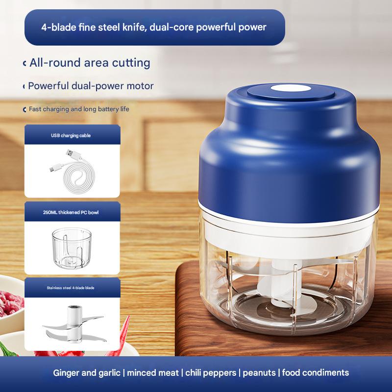 Powerful Mini Electric Food Chopper - USB Rechargeable Cordless Garlic & Meat Mincer(Blue 250ml + 4-blade knife) Tristar Online