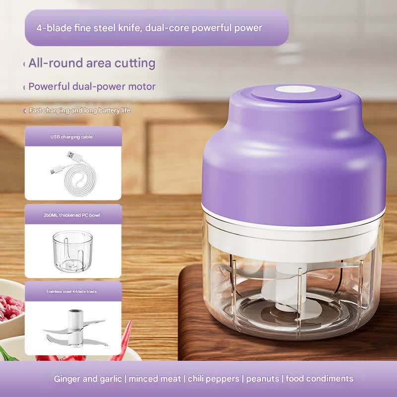 Powerful Mini Electric Food Chopper - USB Rechargeable Cordless Garlic & Meat Mincer(purple 250ml + 4-blade knife) Tristar Online
