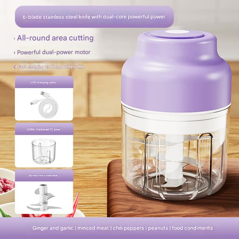 Powerful Mini Electric Food Chopper - USB Rechargeable Cordless Garlic & Meat Mincer(purple 320ml + 6-blade knife) Tristar Online