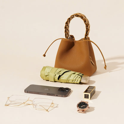 Genuine Leather Mini Bucket Bag with Braided Handle - Chic Drawstring Crossbody Purse(white) Tristar Online