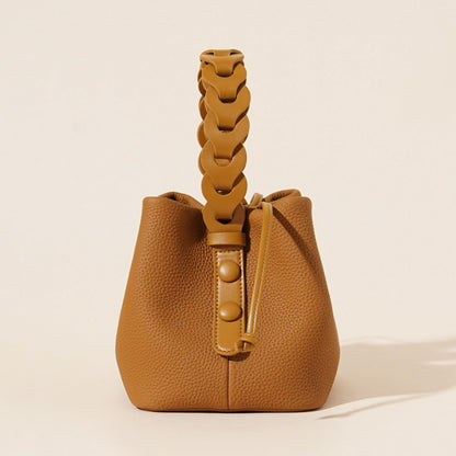 Genuine Leather Mini Bucket Bag with Braided Handle - Chic Drawstring Crossbody Purse(Biscuit) Tristar Online