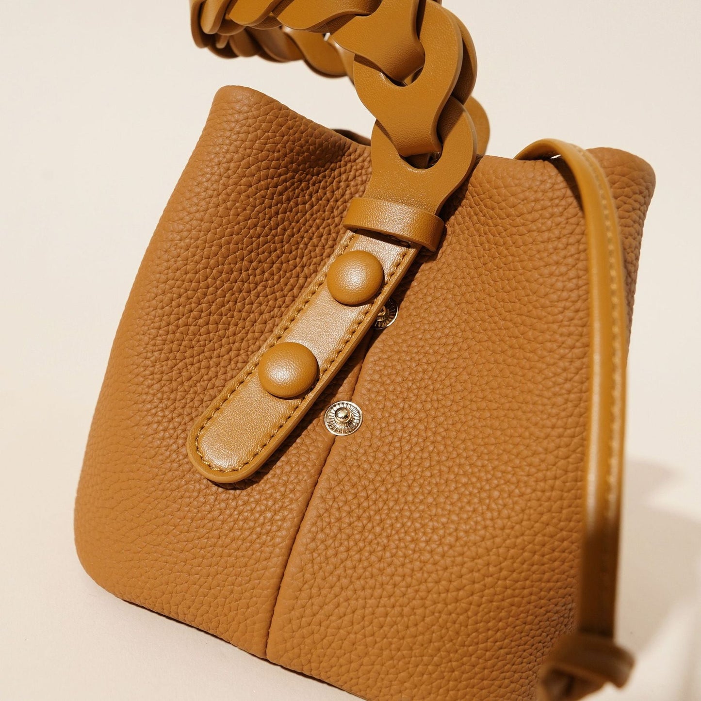 Genuine Leather Mini Bucket Bag with Braided Handle - Chic Drawstring Crossbody Purse(Biscuit) Tristar Online