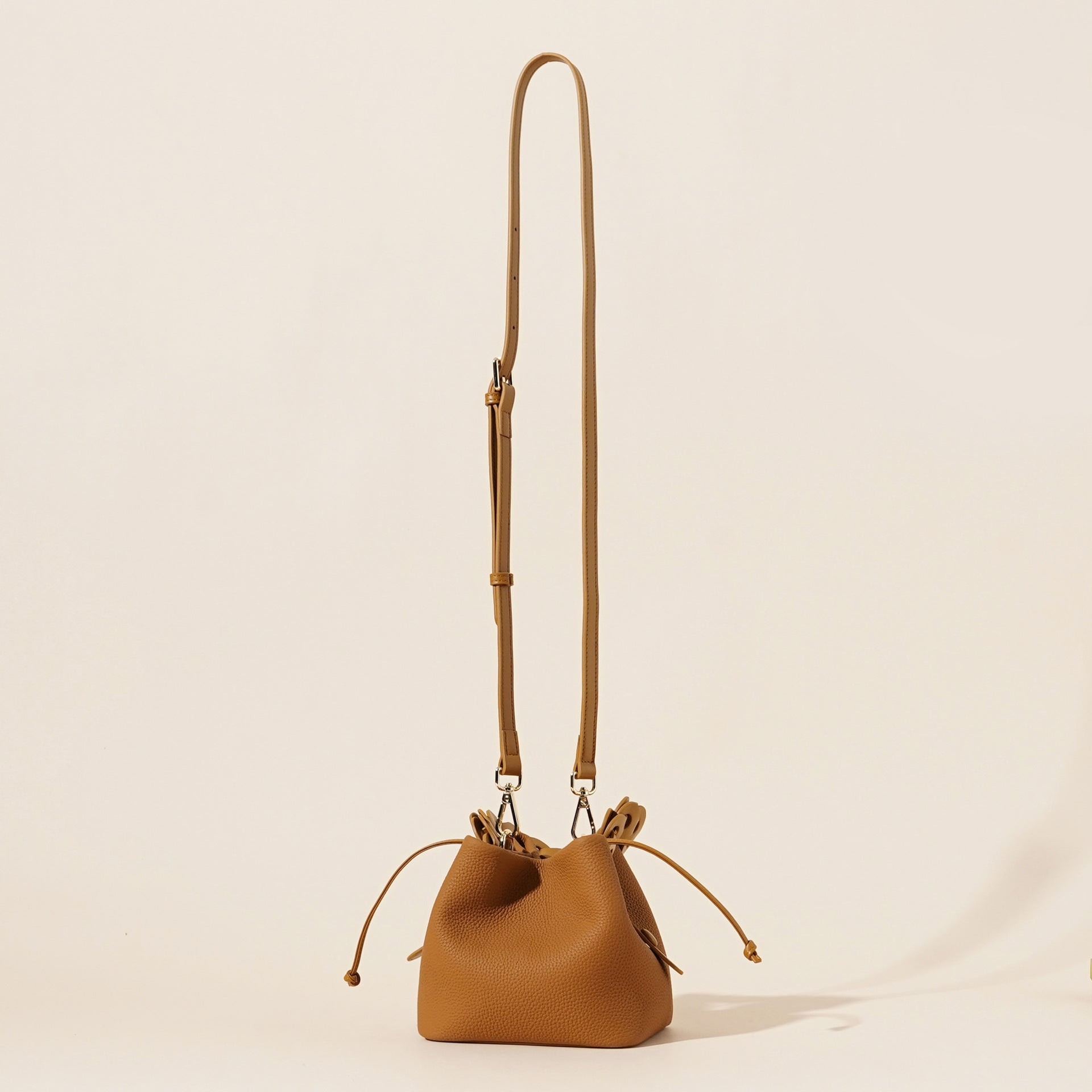 Genuine Leather Mini Bucket Bag with Braided Handle - Chic Drawstring Crossbody Purse(Biscuit) Tristar Online