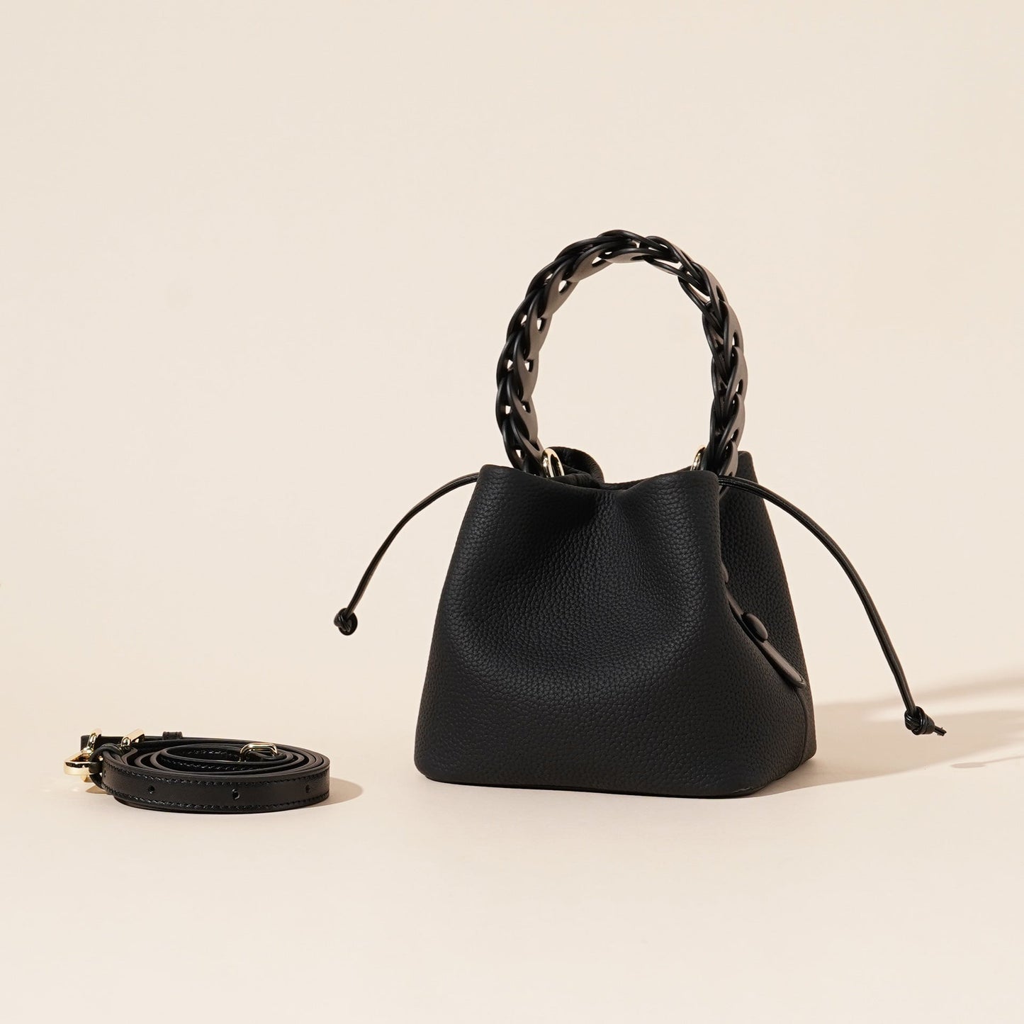 Genuine Leather Mini Bucket Bag with Braided Handle - Chic Drawstring Crossbody Purse(Black) Tristar Online