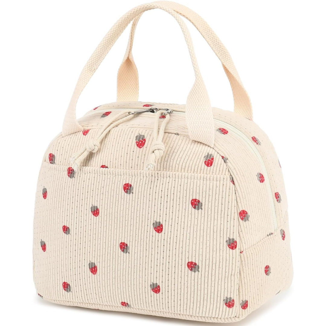 Beige Strawberry Pattern Corduroy Lunch Bag - Insulated Thermal Cooler Tote for School Work and Picnics Tristar Online