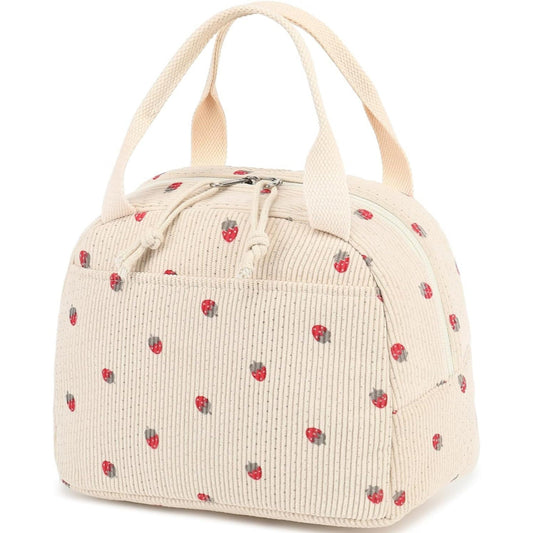 Beige Strawberry Pattern Corduroy Lunch Bag - Insulated Thermal Cooler Tote for School Work and Picnics Tristar Online