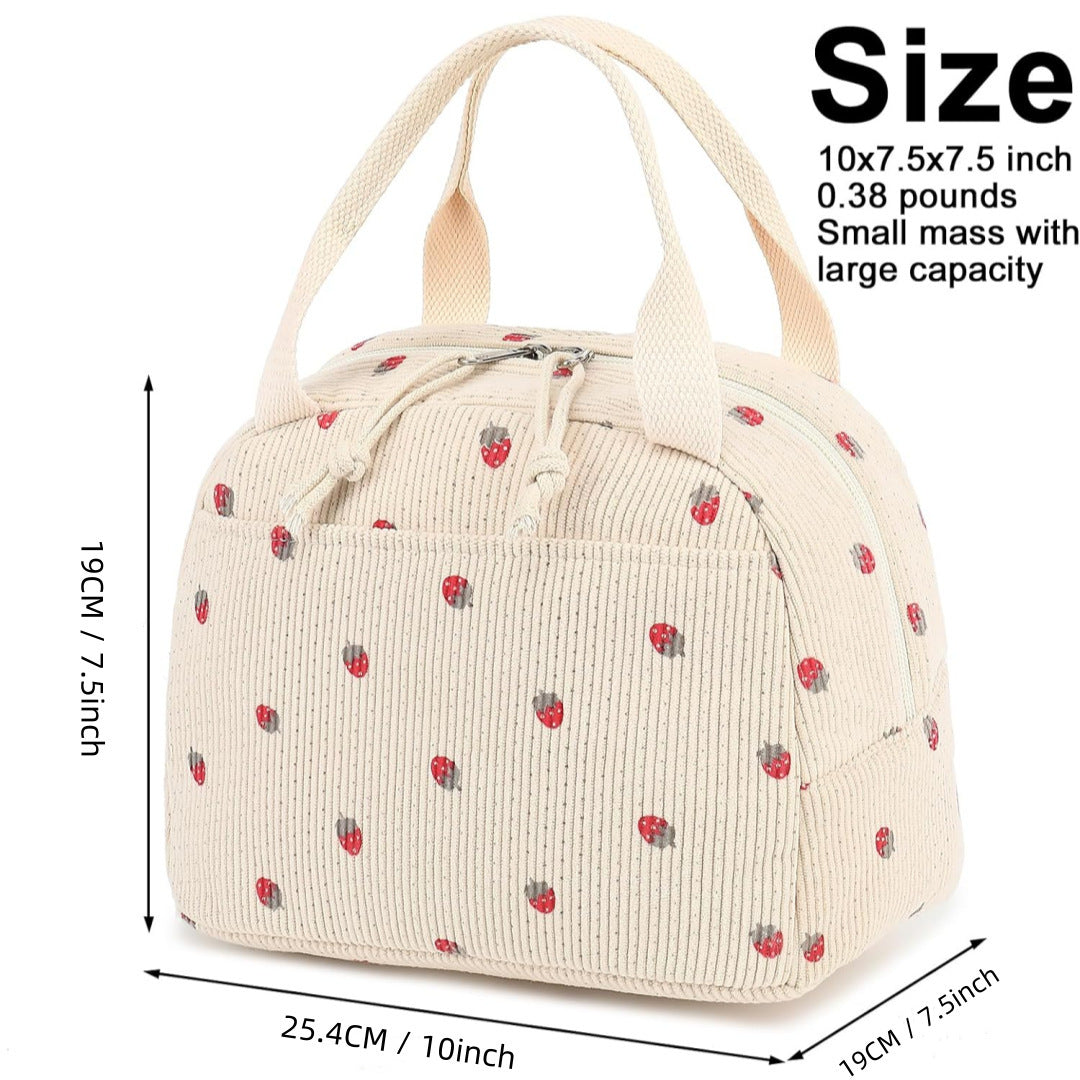 Green Strawberry Pattern Corduroy Lunch Bag - Insulated Thermal Cooler Tote for School Work and Picnics Tristar Online