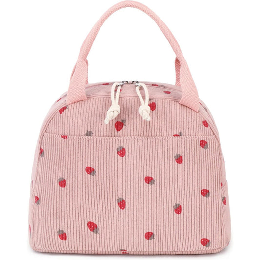 Pink Strawberry Pattern Corduroy Lunch Bag - Insulated Thermal Cooler Tote for School Work and Picnics Tristar Online