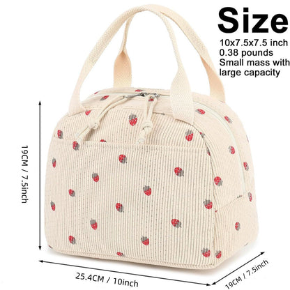 Pink Strawberry Pattern Corduroy Lunch Bag - Insulated Thermal Cooler Tote for School Work and Picnics Tristar Online