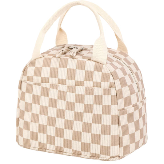 Beige Checkered Pattern Corduroy Lunch Bag - Insulated Thermal Cooler Tote for School Work and Picnics Tristar Online