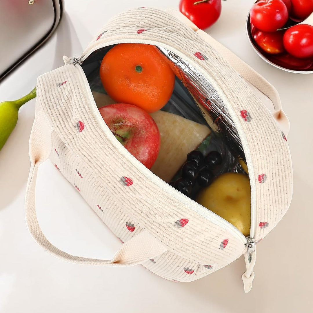 Beige Checkered Pattern Corduroy Lunch Bag - Insulated Thermal Cooler Tote for School Work and Picnics Tristar Online