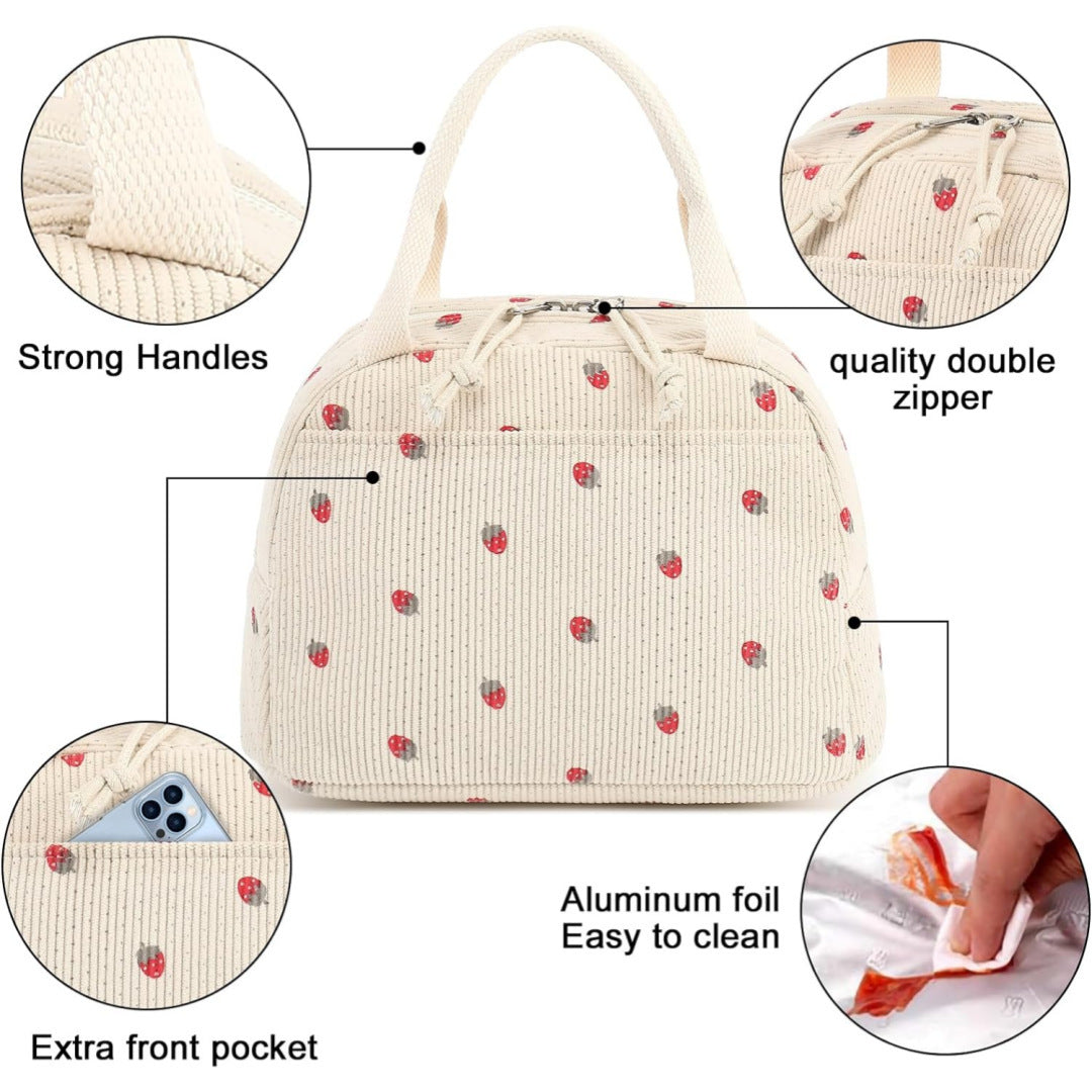 Beige Checkered Pattern Corduroy Lunch Bag - Insulated Thermal Cooler Tote for School Work and Picnics Tristar Online
