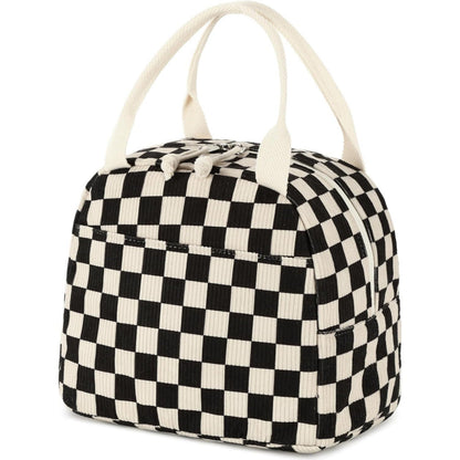 Black and White Checkered Pattern Corduroy Lunch Bag - Insulated Thermal Cooler Tote for School Work and Picnics Tristar Online