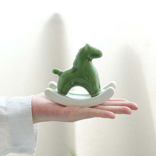 Green Modern Ceramic Rocking Horse Ornament - Cute Porcelain Figurine for Desk & Shelf Decor Tristar Online
