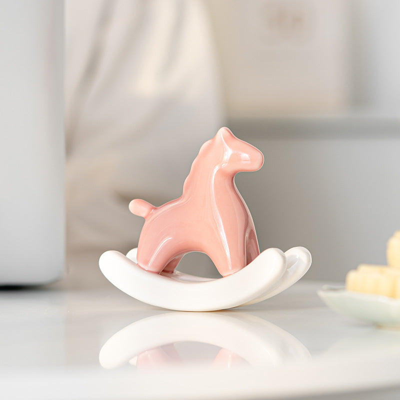 Pink Modern Ceramic Rocking Horse Ornament - Cute Porcelain Figurine for Desk & Shelf Decor Tristar Online