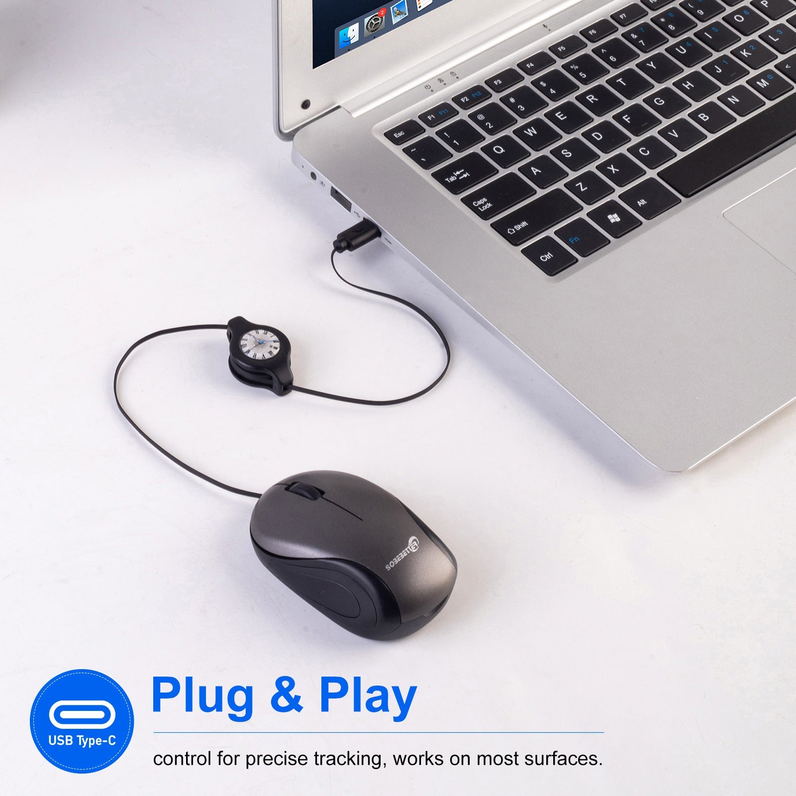 Grey and Black Portable Mini USB-C Mouse with Retractable Cable - Silent Click Travel Mouse for Laptop, MacBook, Tablet Tristar Online