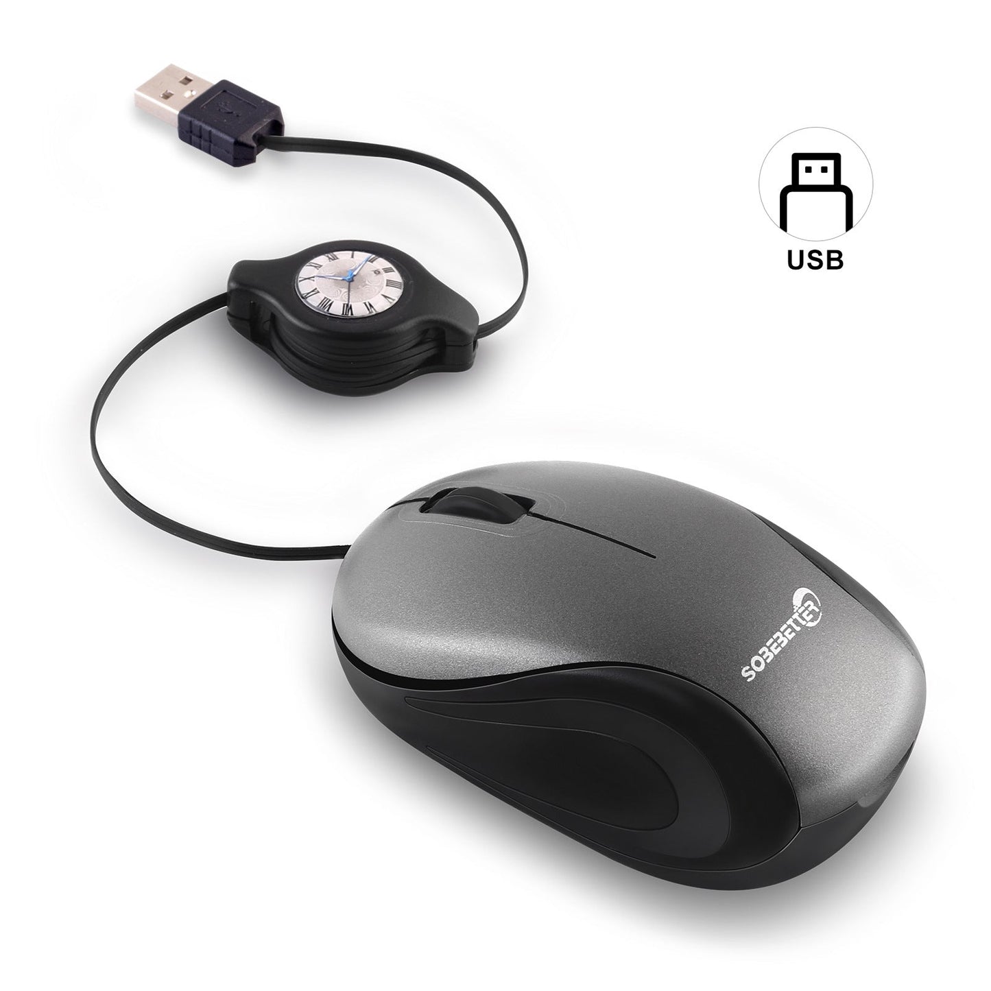 Grey and Black Portable Mini USB Mouse with Retractable Cable - Compact Travel Mouse for PC and Laptop Tristar Online