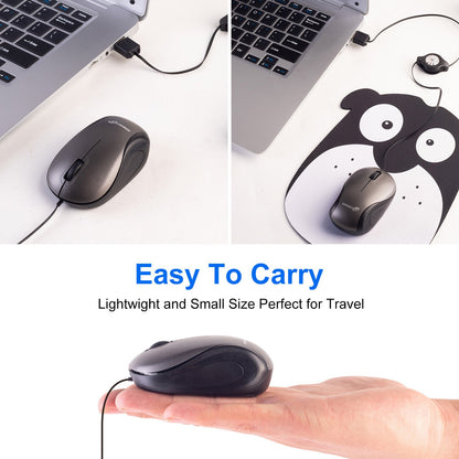 Grey and Black Portable Mini USB Mouse with Retractable Cable - Compact Travel Mouse for PC and Laptop Tristar Online
