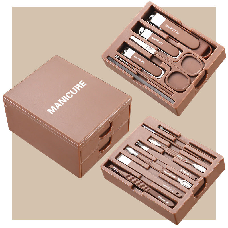 Brown Premium 13-in-1 Manicure & Grooming Kit - Professional Carbon Steel Pedicure Set with Dual-Drawer Case & Mirror Tristar Online