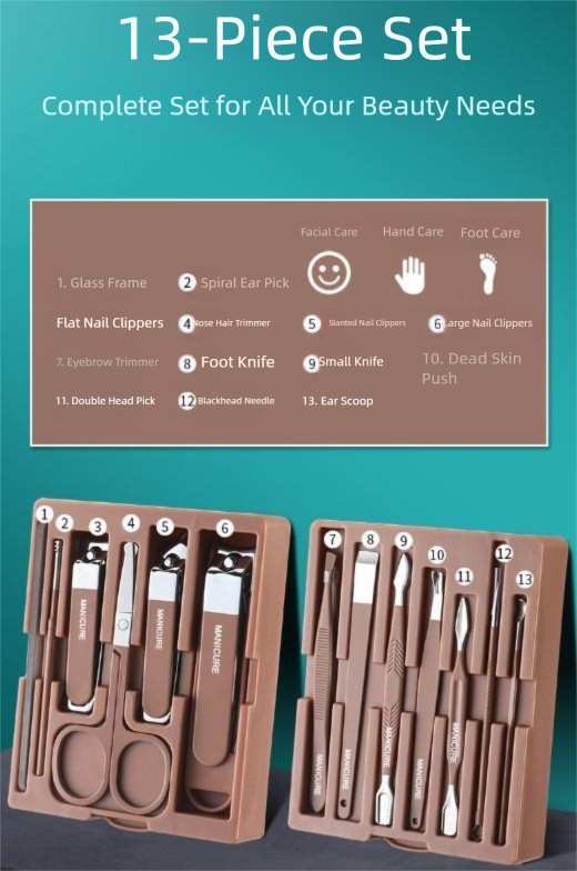 Brown Premium 13-in-1 Manicure & Grooming Kit - Professional Carbon Steel Pedicure Set with Dual-Drawer Case & Mirror Tristar Online