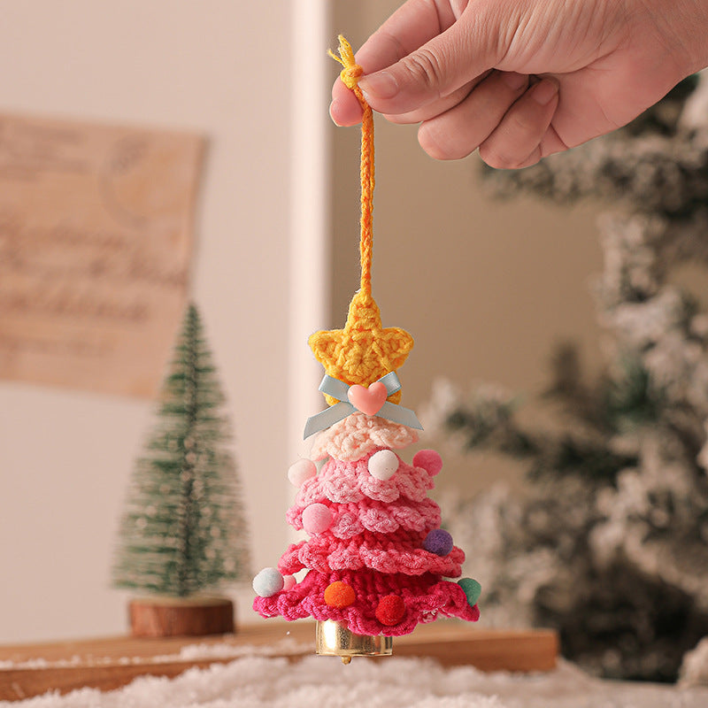 2 Pcs Style A Yellow and Pink Handmade Crochet Christmas Tree Ornament - Festive Hanging Decoration with Jingle Bell Tristar Online