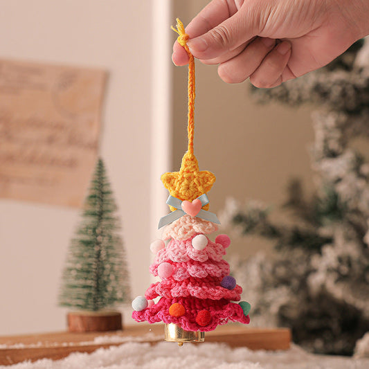 2 Pcs Style A Yellow and Pink Handmade Crochet Christmas Tree Ornament - Festive Hanging Decoration with Jingle Bell Tristar Online