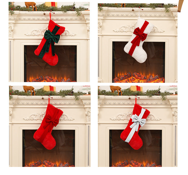 2 Pcs Red Stitching Green Bow Luxurious Velvet Christmas Stocking with Elegant Bow - Large 45cm Holiday Mantel Decoration Tristar Online