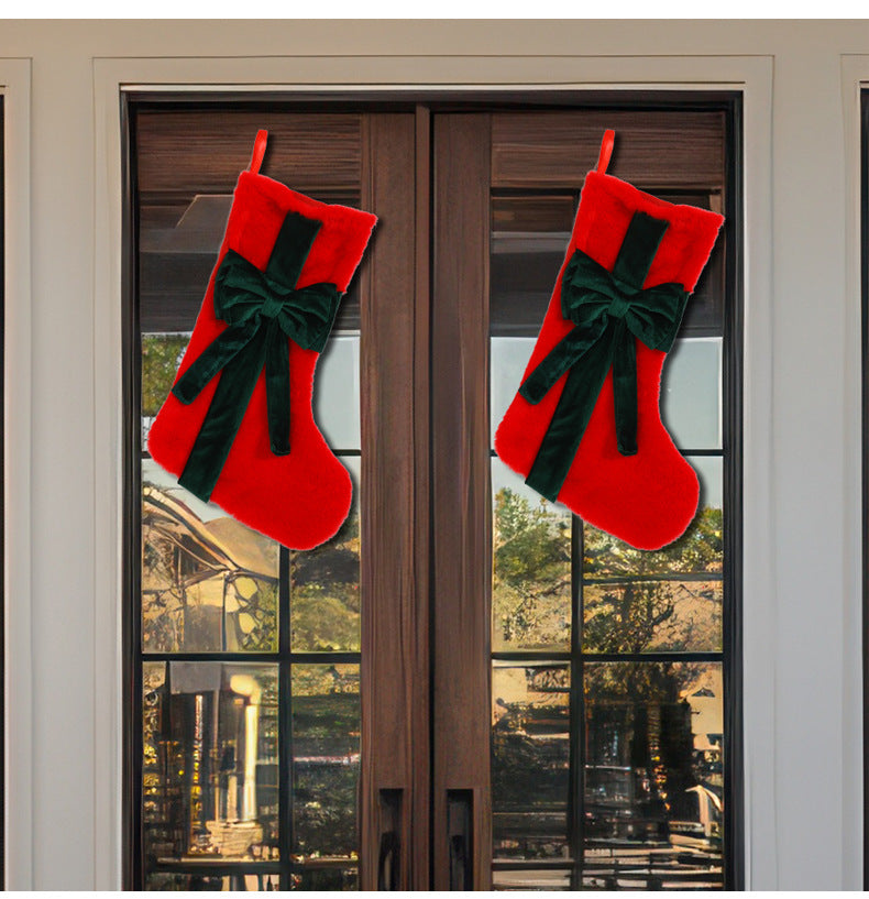2 Pcs Red Stitching Green Bow Luxurious Velvet Christmas Stocking with Elegant Bow - Large 45cm Holiday Mantel Decoration Tristar Online