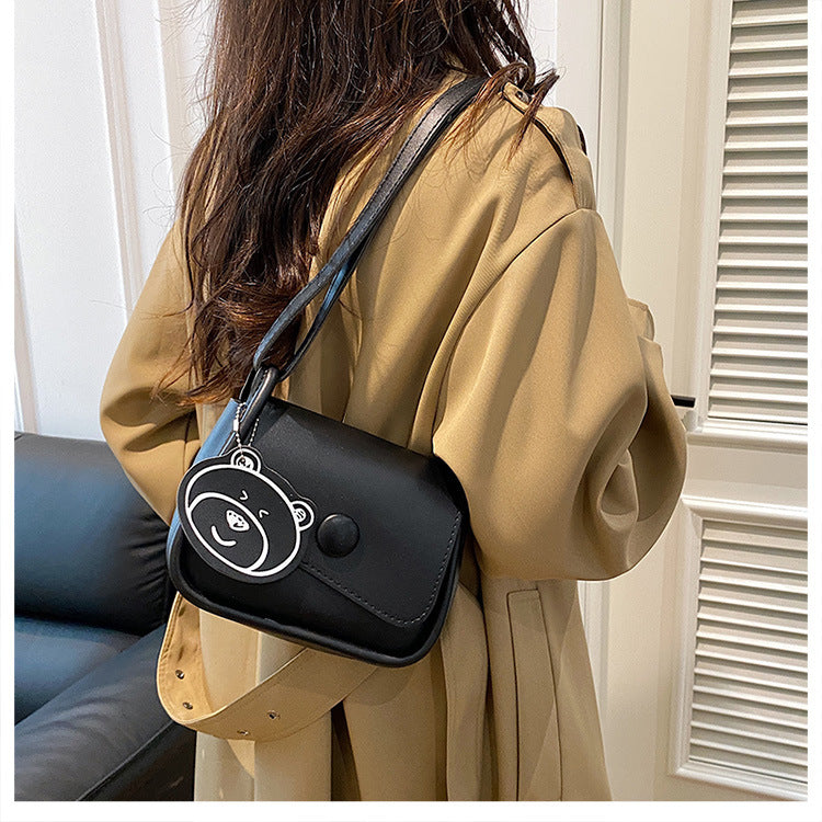 Black Chic PU Leather Crossbody Bag with Cute Bear Charm - Adjustable Strap Shoulder Purse Tristar Online