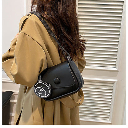 Black Chic PU Leather Crossbody Bag with Cute Bear Charm - Adjustable Strap Shoulder Purse Tristar Online