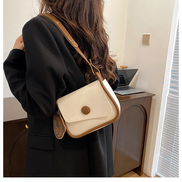 White and Brown Chic PU Leather Crossbody Bag with Cute Bear Charm - Adjustable Strap Shoulder Purse Tristar Online