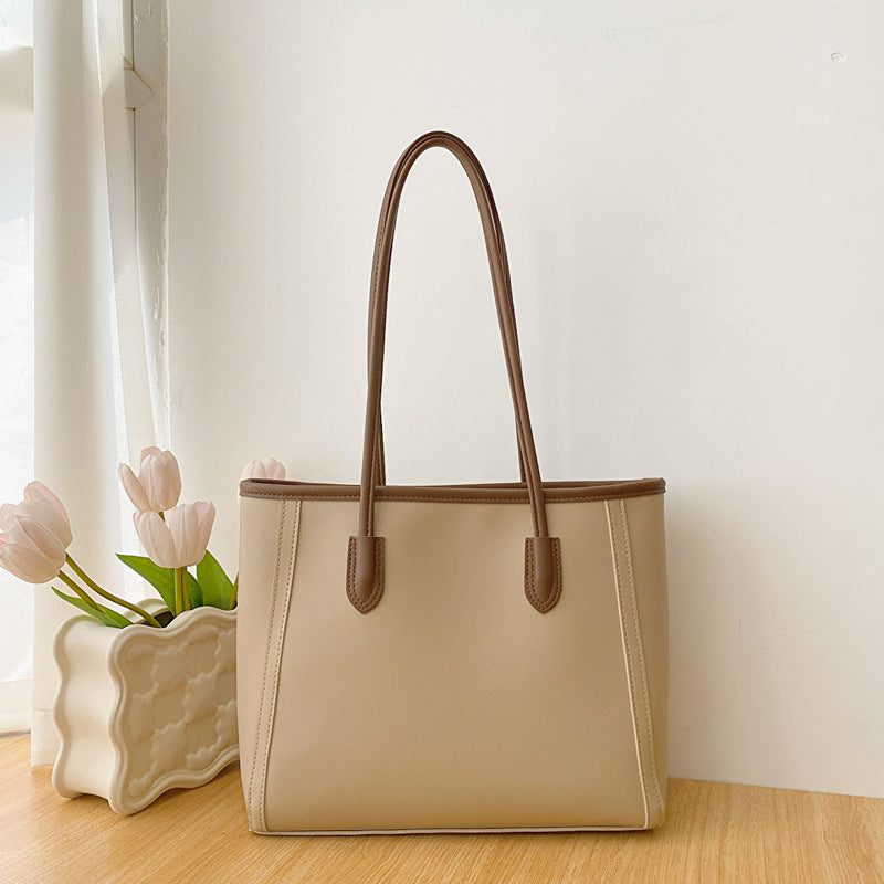 Khaki and Brown Chic Large Capacity Tote Bag - PU Leather Commuter Shoulder Handbag for Women Tristar Online