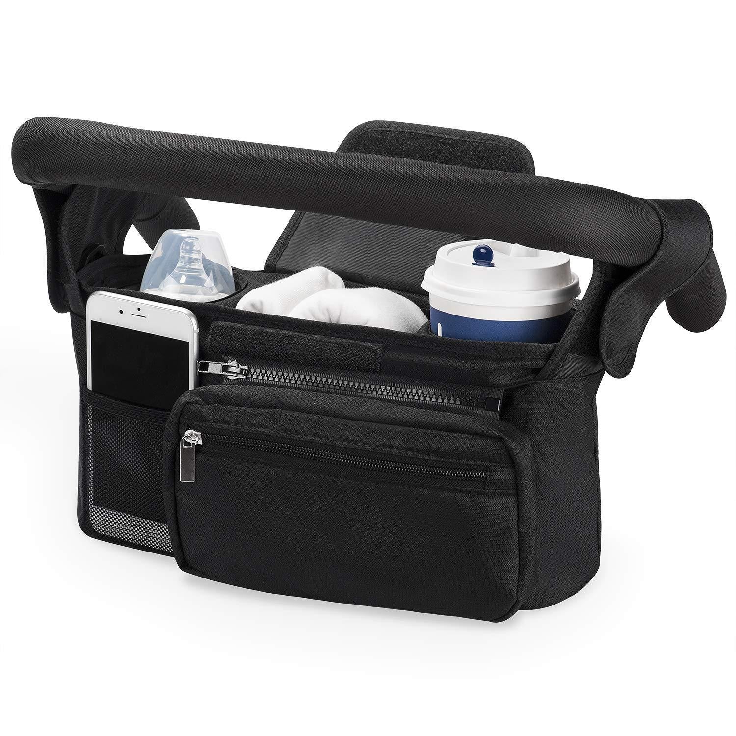Black Universal Stroller Organiser Caddy with Insulated Cup Holders and Detachable Wristlet Tristar Online