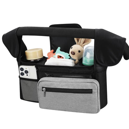 Black and Gray Stitching Universal Stroller Organiser Caddy with Insulated Cup Holders and Detachable Wristlet Tristar Online