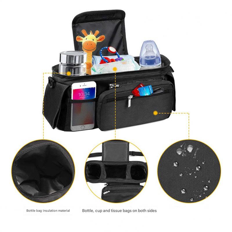 Black and Gray Stitching Universal Stroller Organiser Caddy with Insulated Cup Holders and Detachable Wristlet Tristar Online