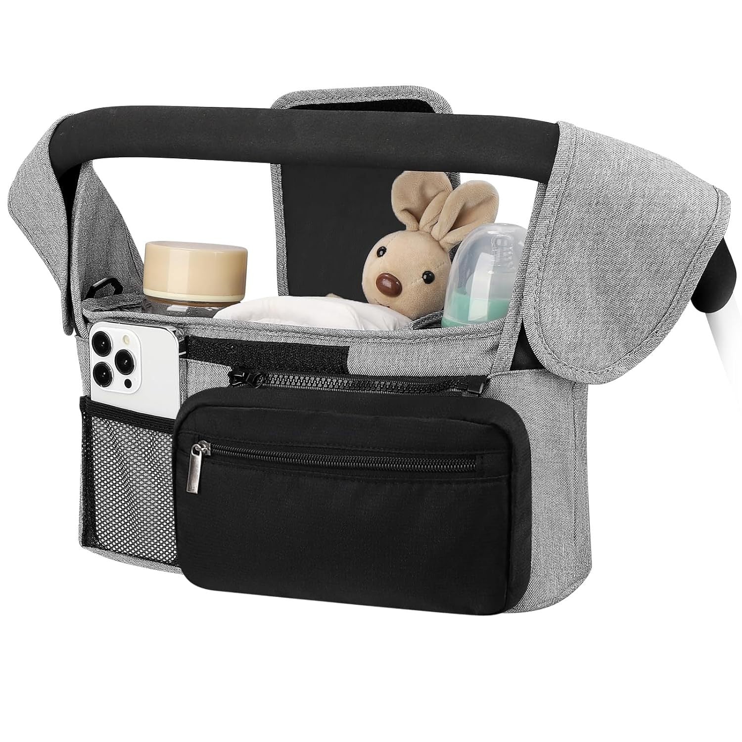 Grey and Black Stitching Universal Stroller Organiser Caddy with Insulated Cup Holders and Detachable Wristlet Tristar Online