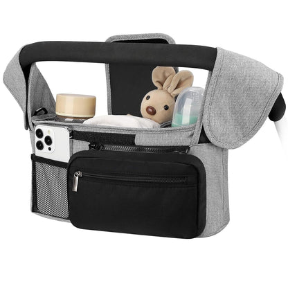 Grey and Black Stitching Universal Stroller Organiser Caddy with Insulated Cup Holders and Detachable Wristlet Tristar Online