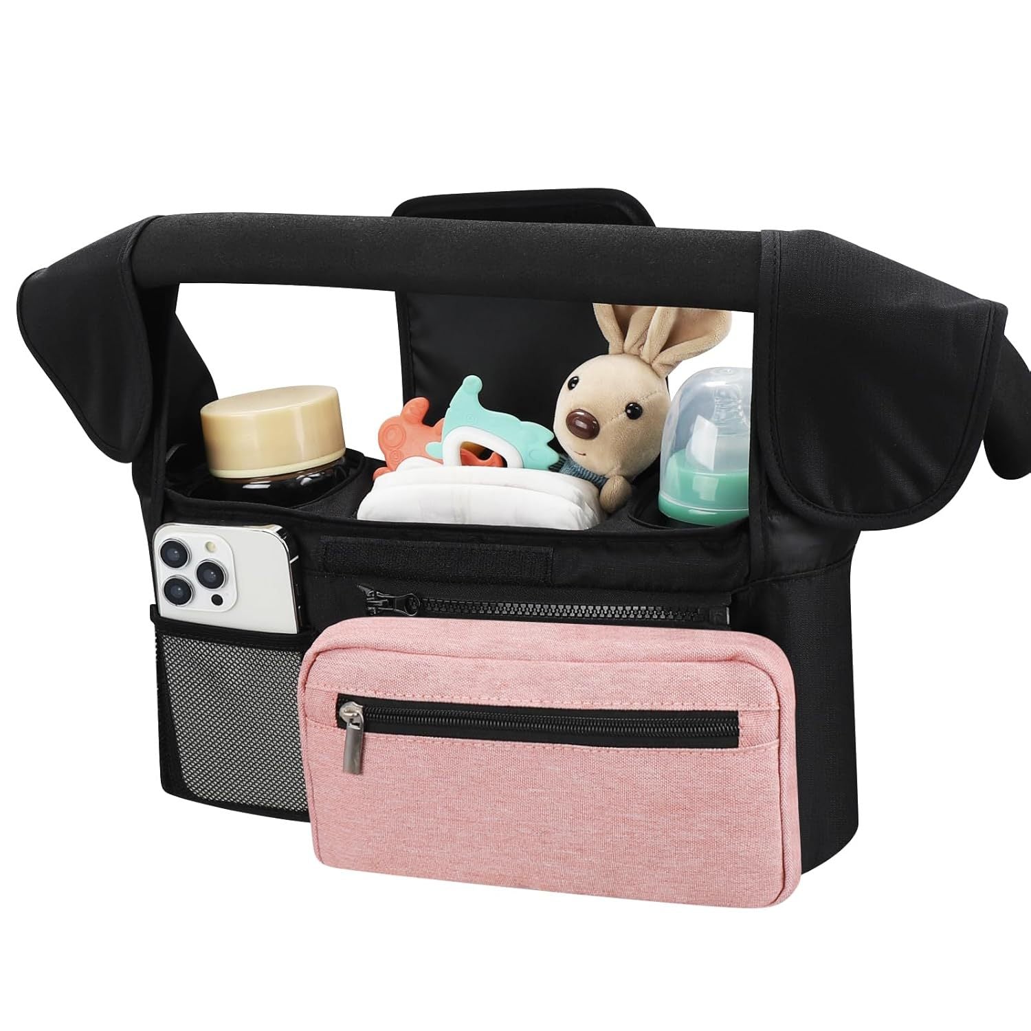Black and Pink Stitching Universal Stroller Organiser Caddy with Insulated Cup Holders and Detachable Wristlet Tristar Online